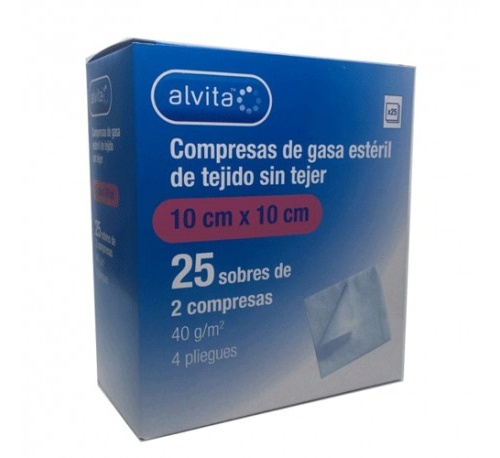 Alvita compresas gasa esteril tejido sin tejer (25 sobres 2 gasas 10 cm x 10 cm)