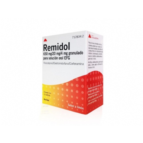 REMIDOL 650 MG/20 MG/4 MG GRANULADO PARA SOLUCION ORAL EFG, 10 sobres