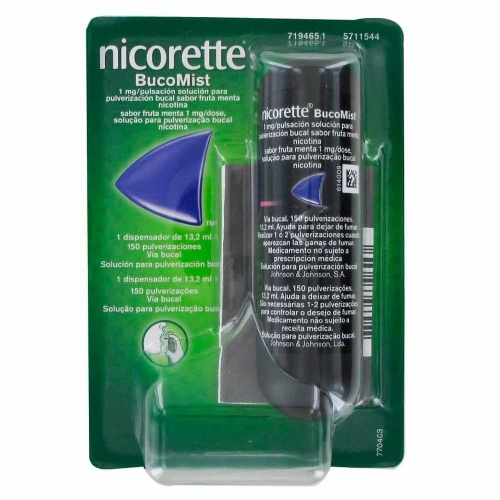 NICORETTE BUCOMIST 1 MG/PULSACION SOLUCION PARA PULVERIZACION BUCAL SABOR FRUTA MENTA, 1 dispensador