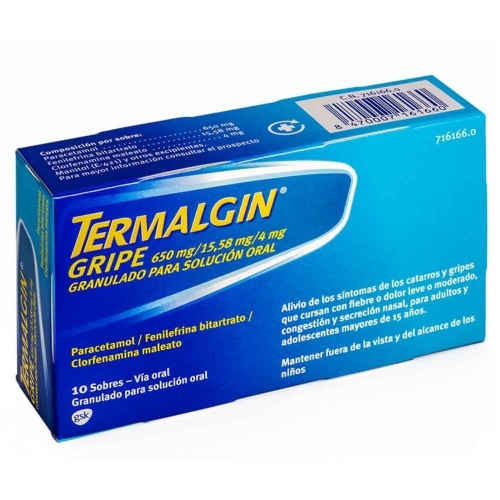 TERMALGIN GRIPE 650 MG/15,58 MG/4 MG GRANULADO PARA SOLUCION ORAL, 10 sobres