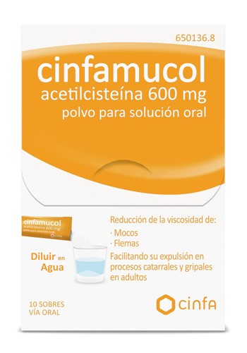 CINFAMUCOL ACETILCISTEÍNA FORTE 600 MG POLVO PARA SOLUCIÓN ORAL   , 10 sobres